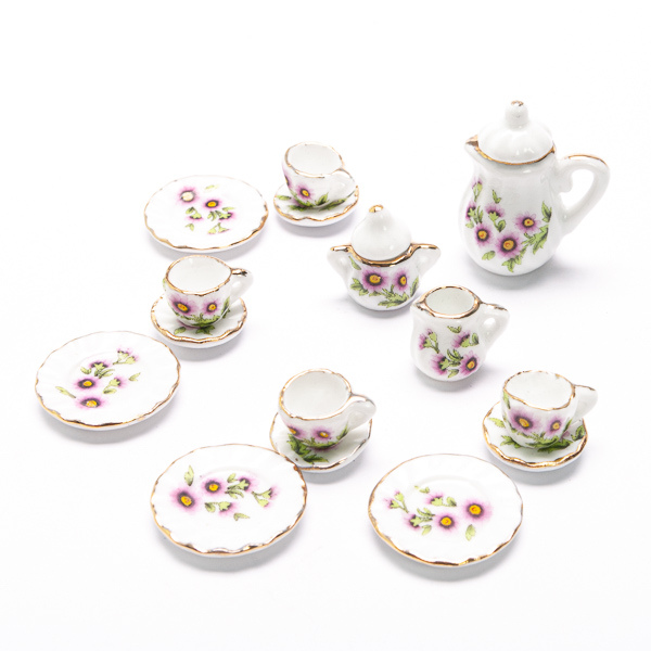 Puppenstube Miniatur Porzellan Teeservice Kaffeeservice mit Blumendekor 