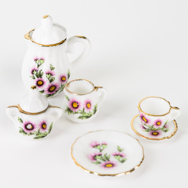 Porzellan Teeservice Kaffeeservice mit Blumendekor Puppenstube Miniatur 