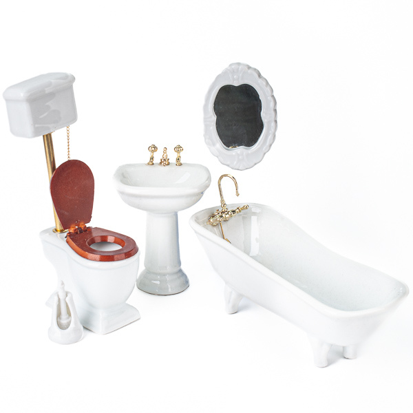 1 Set 1/12 Puppenhaus Badzimmer Möbel mit Zubehör aus Porzellan Badewanne WC 